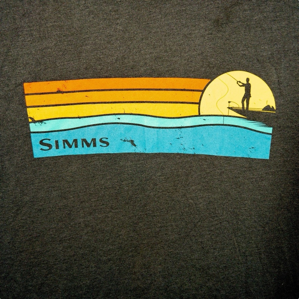 Simms Charcoal Tee with Yellow Sun, Orange Stripes and Blue Wave Graphic